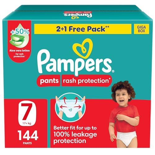 Pampers Rash Protection Culotte Pants Diapers, Size 7, 17+kg Box 144 Count | 360° Leak-Free Fit, Stretchy Waistband, Double leak guards for Up to 100% Leakage Protection Easy On & Off Aloe Vera Lotion