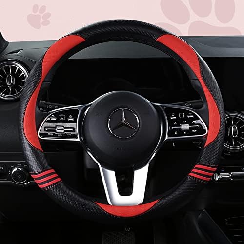Car Steering Wheel Covers for Women Girl Padded Carbon Fiber PU Leather Cute Cartoon Auto Interior Accessories for Vehicle Sedan,Universal,Anti Slip,Red+Black,Standard Size[14" 1/2-15"](37-38cm)