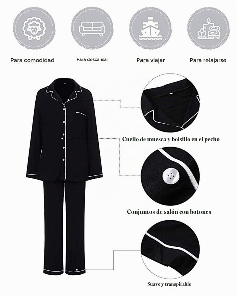 Conjunto de pijama para mujer, súper suave, de manga larga, con botones, ropa de dormir para descansar