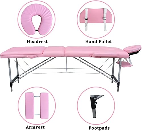 Miniatura 3 de Mesa de masaje portátil de 84 pulgadas, 3 marcos de aluminio plegables de 84 pulgadas, cama de belleza ligera para spa, cama de spa ajustable (rosa)