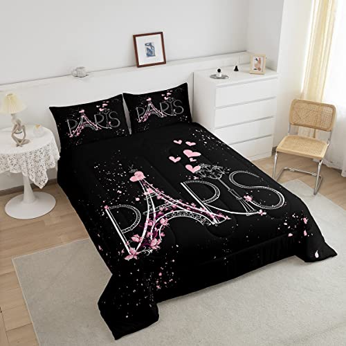 Eiffel Tower Comforter Set Chic Paris Bedding Set Romantic Theme Comforter For Boys Girls Children Teens Black Pink Bedroom Decor Modern French Style Duvet Set Queen Size With 2 Pillow Case #TOP2