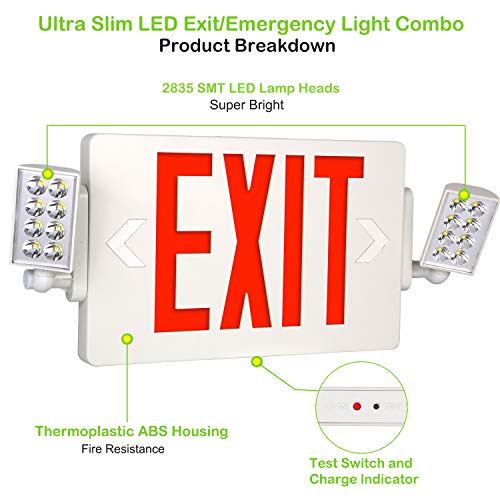 Hykolity Red Exit Sign, 120-277V Double Face Led Combo Emergency Light With Adjustable Two Head And Backup Battery - 4 Pack #TOP2