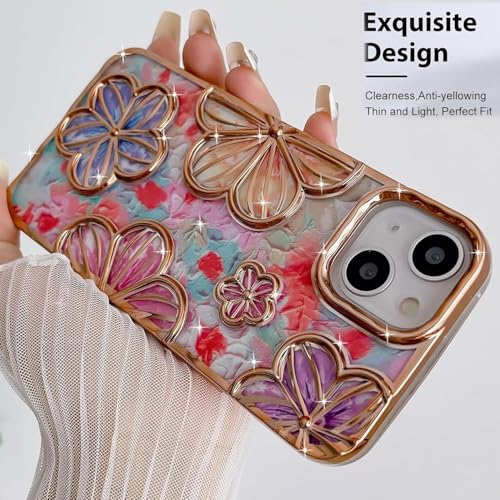 Image of mobistyle Designed for iPhone 15 Cover| Electroplating Colourful Flower 3D TPU Camera Protection Back Cover Case for Women Girls (Flower Gold)