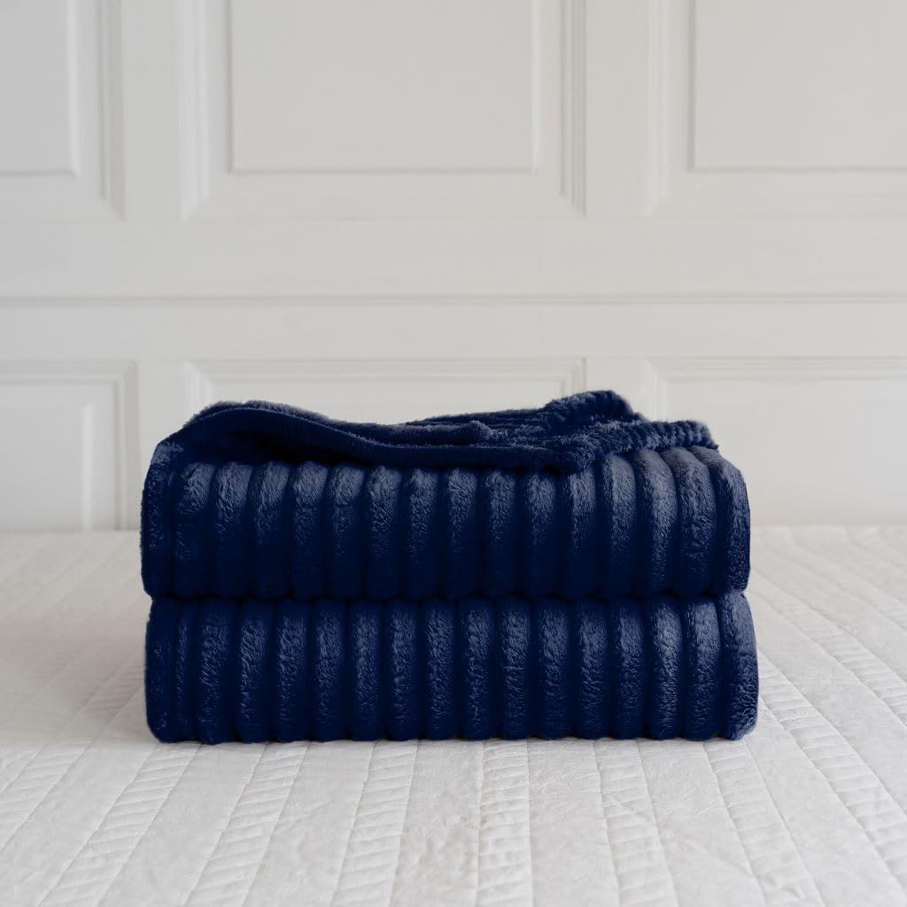 De Lavish Ribbed Throw Chunky Cord Blanket Large Size Bed Sofa Soft Warm Fleece (Navy, Double)