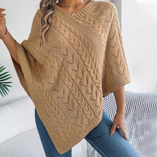 Poncho Knitted Cape Shawl Wrap Cardigan for Women Elegant Wrap V Neck Cable Knit Hollow Out Pullover Sweater Jumper Top3