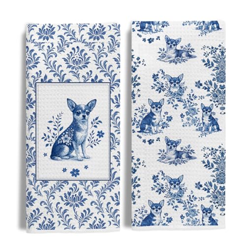 Image of Chinoiserie Chihuahua Kitchen & Hand Towels Set of 2, Blue and White Floral Dog Dish & Tea Towels for Kitchen Bathroom Decor, Vintage Toile Dog Lover Gifts for Women 16x24 Inch