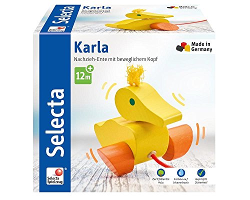 Selecta 62001 Karla, Nachzieh Ente, Schiebe-und Nachziehspielzeug aus Holz, 10 cm