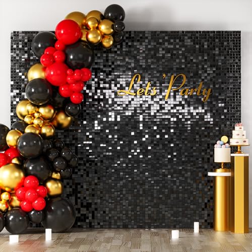 Image of COKAOBE Black Shimmer Wall Backdrop, 36PCS Square Sequin Shimmer Backdrop Panel, Photo Backdrops for Birthday, Anniversary, Wedding, Graduation & Bachelorette Party Decoration