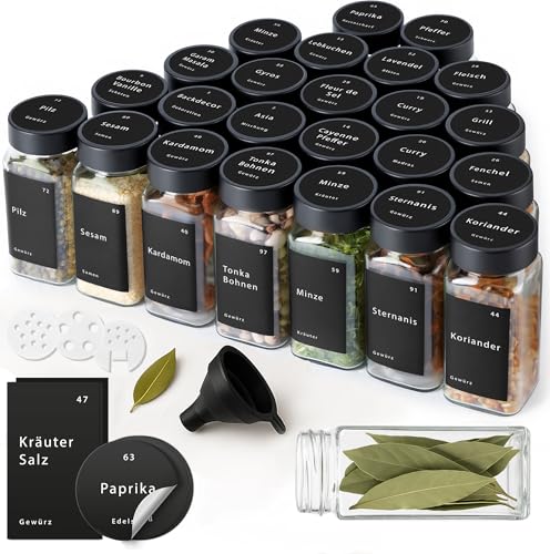 Happy Lemuro Lot de 24 pots à épices en verre de 120 ml avec couvercles noirs, inserts à saupoudrer, étiquettes, entonnoir et brosse – Distributeur d'épices avec accessoires – Rangement des épices