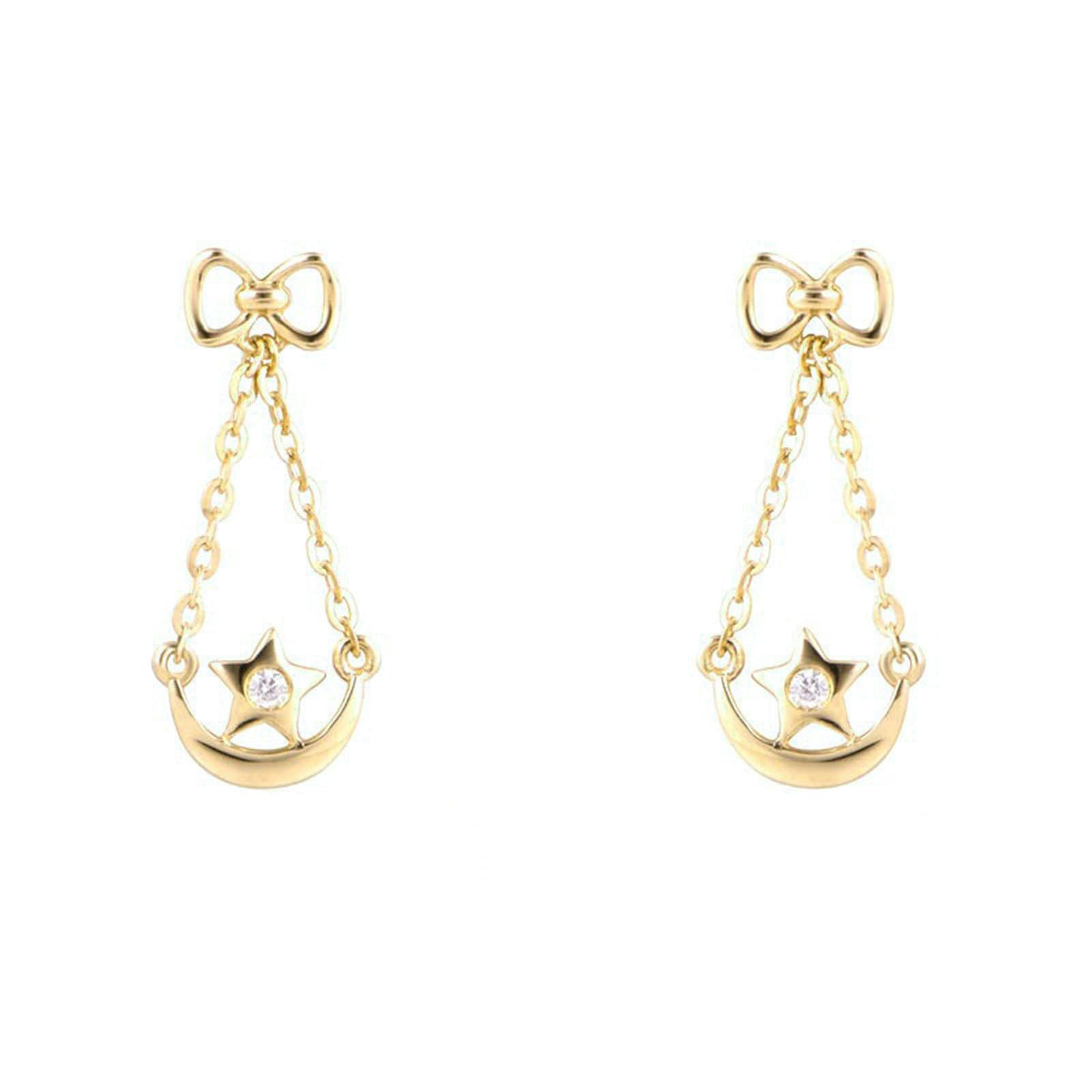 Ohrstecker für Damen, Ohrringe aus 9/18-karätigem Weißgold, Schleife, Mond und Stern, mit runden Diamant-/Moissanit-Ohrringen