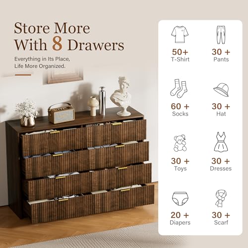 Image of Furniway Walnut Dresser for Bedroom, Modern Dresser with 8 Drawers and Smooth Slides, Wide Chest of Drawers with Golden Handles for Bedroom, Closet, 15.7 inch D x 55 inch W x 37.4 inch H