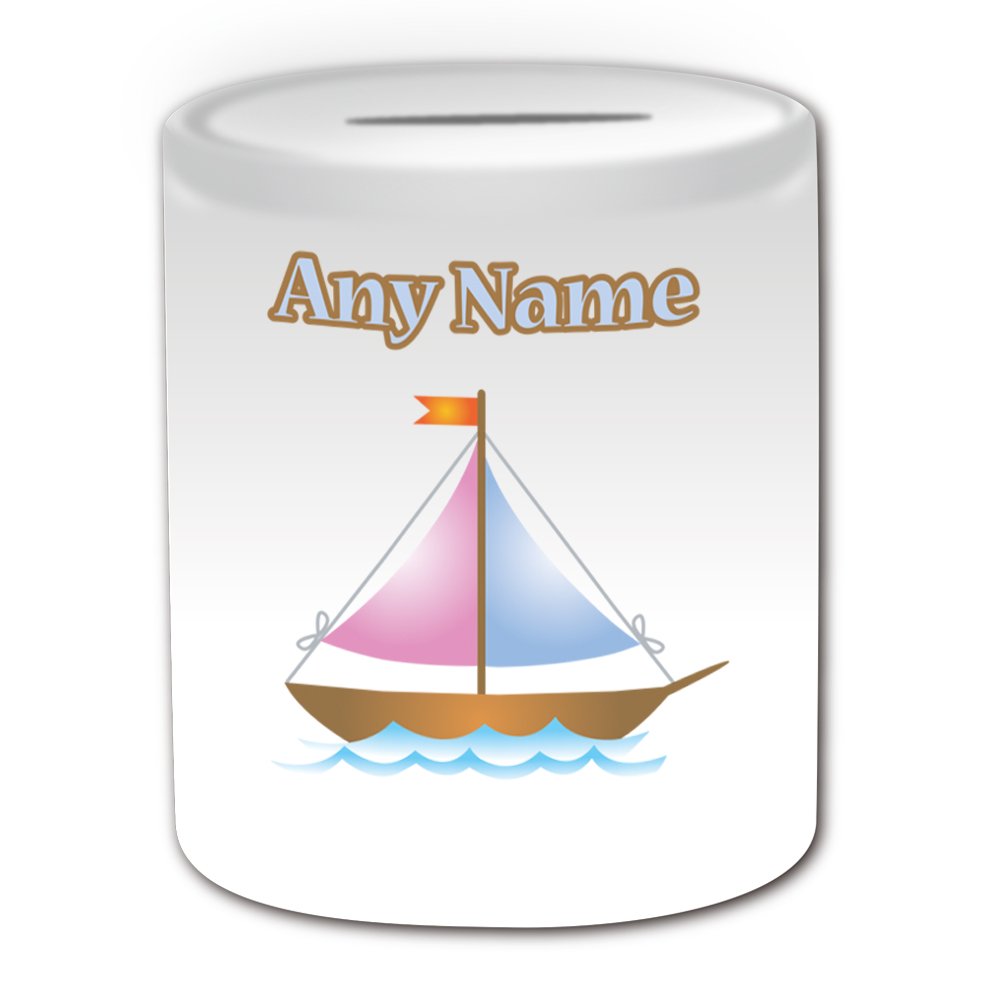 Personalised Gift - Sailboat Money Box (Transport Design Theme, White) - Any Name / Message on Your Unique - Saving Piggy Bank - Driver Sailing Boat Yacht Ship Cutter Catboat Dinghy Ketch Schooner Sloop Yawl Water