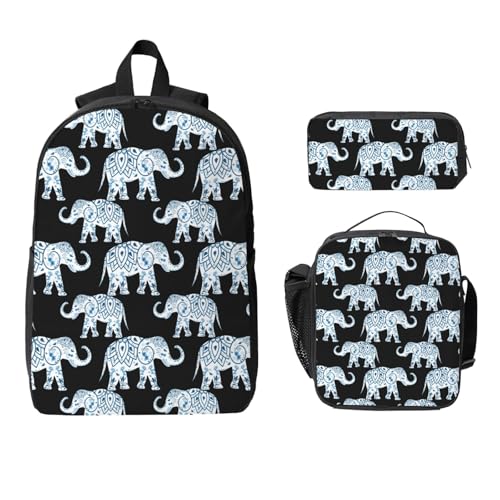 Backpack Set with Lunch Bag & Pencil Case Elephant-Blue Black Print Oxford Fabric Portable Useful Bag Set2