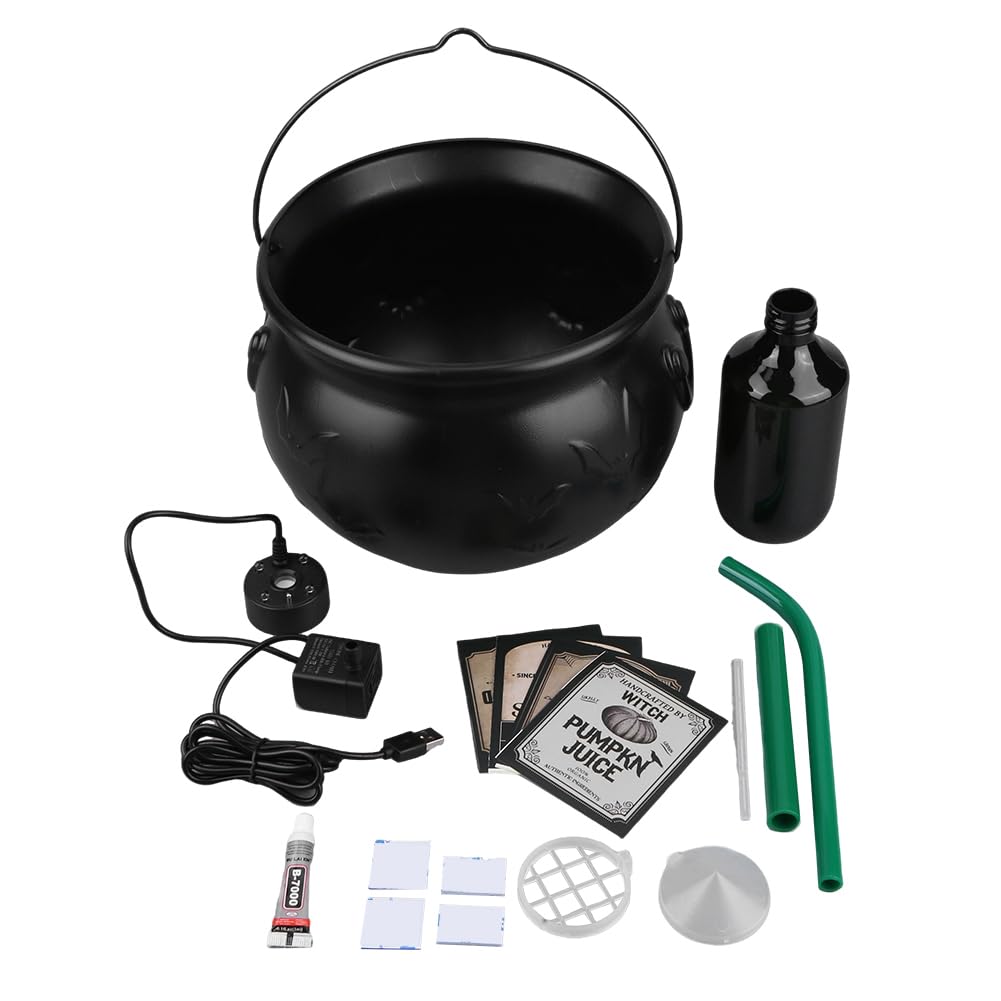 Witch Cauldron Indoor with Potion Floating Bottles and Skeleton Shower Cap for Halloween Spooky Home Party