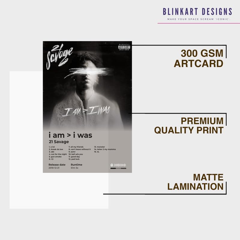 Image of BLINKART 21 Savage - I am I Was Wall Photo Frames | Wall Art for Bedroom, Living Room, Studio or Office | Album Cover Print with Spotify Song Link QR Code | Gift for Fans - 8x12 In