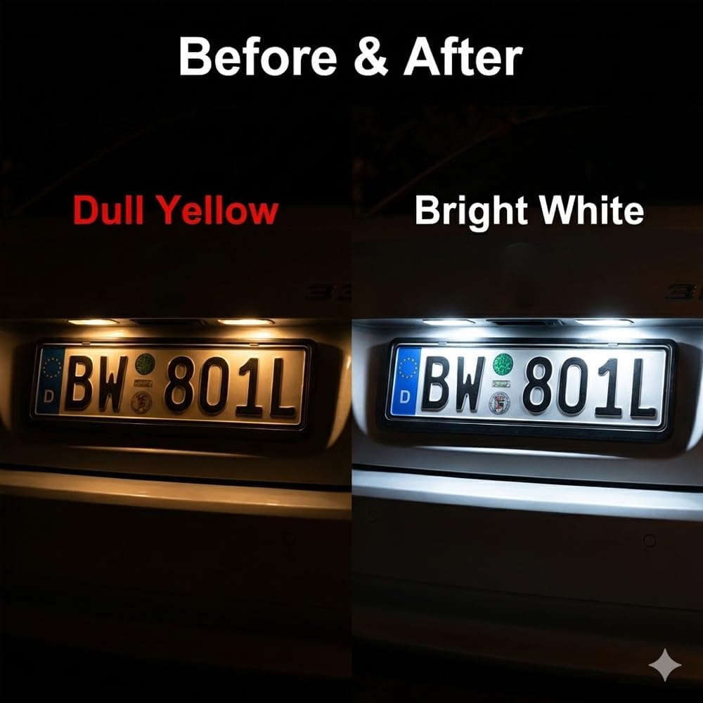 LED License Plate Light for BMW, Error Free Tag Lamp Assembly | 24 SMD 6000K Xenon White rear tag lights, direct plug-and-play replacement for BMW 1/3/5/X Series E90 E39 E60 E92 F30 F10.