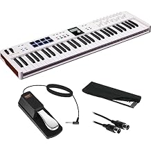 Arturia 231531 KeyLab Essential mk3 61-Key Universal MIDI Controller and Software White Bundle with Auray FP-P1L Sustain Pedal, Hosa MID-310 MIDI Cable, and Medium-Size 61-67 Keys Cover for Piano