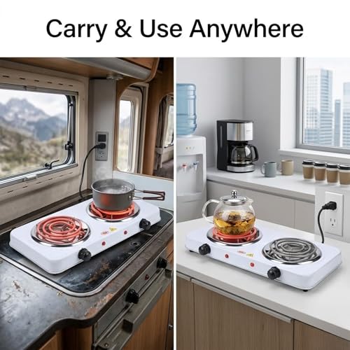 Image of Drumstone (3 Year Warranty) 2000W Electric Double Burner Hot Plate | Portable Dual Cooking Stove with Adjustable Temperature Control | Stainless Steel Countertop Cooktop for Home, Office, Dorm