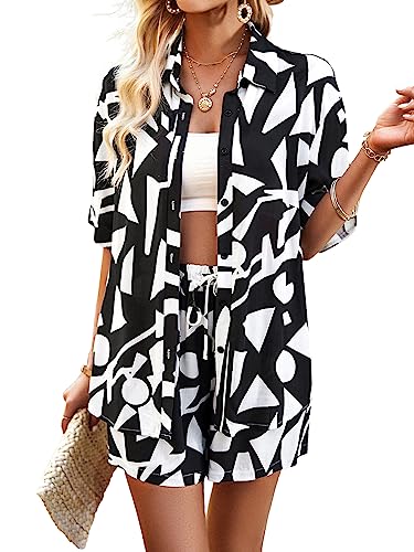 Women's 2 Piece Outfits Sets Summer Beach Button Down Short Sleeve Shirt and Shorts Set with Pockets