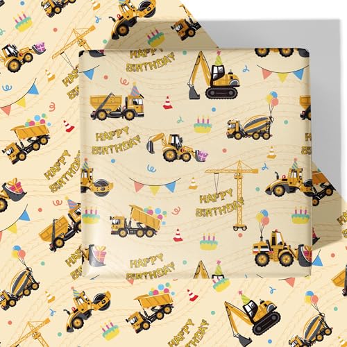 RiukRaiu Construction Wrapping Paper for Boys Yellow Mixer Truck Crane Balloon Gift Wrap for Birthday Party - 4 Folded Sheets 28 X 40 Inch Easy to Store