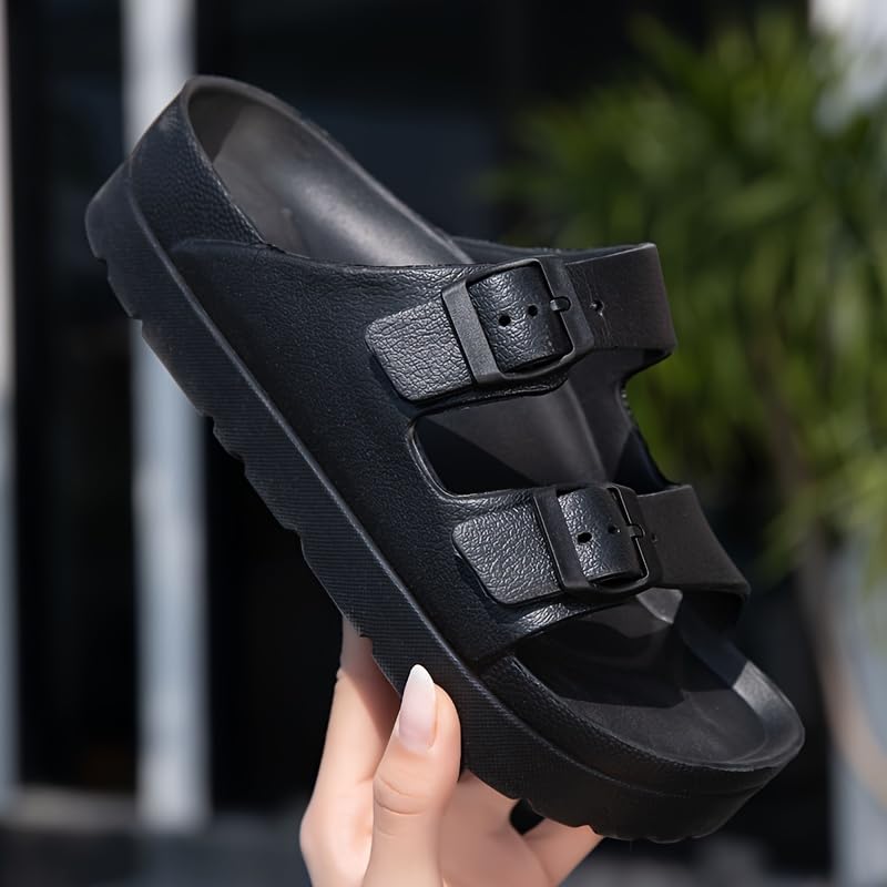 Women's Thick Bottom Heightened Slippers,Adjustable Buckle Solid Color Comfortable Beach Shoes,Buckle Decoration Buckle Strap Fashion Slippers,Casual Flat Sandals,EVA Outdoor Sandals2