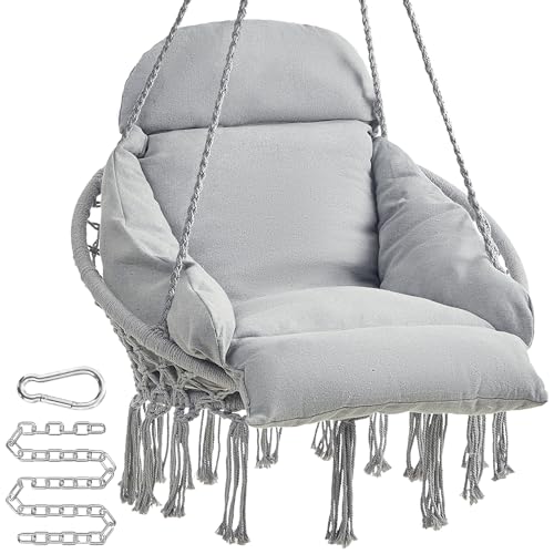 SONGMICS Hanging Chair, Hammock Chair with Large, Thick Cushion, Boho Swing Chair for Bedroom, Patio, Balcony, Garden, Holds up to 264 lb, Accessories Included, Dove Gray UGDC042G11