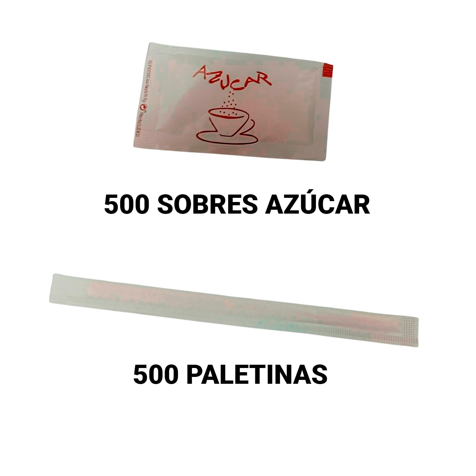 ADRI 500 Sobres de azúcar y 500 cucharillas paletinas de madera envueltas individualmente para remover, pack de 500, cada sobre 6 gr y las palas de 14 cm
