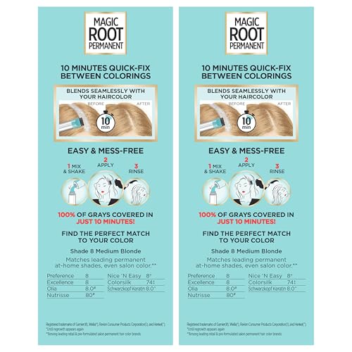 Image of L'Oreal Paris Magic Root Permanent Hair Color Kit, 100% Gray Hair Coverage In Just 10 Minutes, Precision Brush Applicator for Seamless Application, 8 Medium Blonde (2 Count)