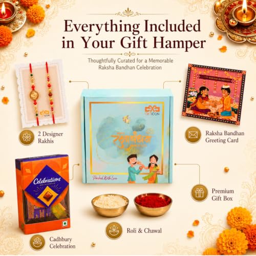 Image of Gifticon Rakhi Set for Brother with Chocolate | Premium Designer Rakhi, Chocolate, Roli Chawal, Greeting Card & Premium Gift Box | Rakhi Hamper for Raksha Bandhan | Ganesh Ji & Rudraksh Rakhi Set