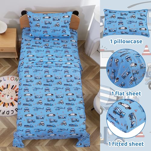Image of Viviland 3 Pieces Boys Police Car Twin Sheet Set - Soft Microfiber Fitted Flat Sheets & Pillowcase Bed Sheet Set - Blue Airplane Print Bedding Sets for Kids