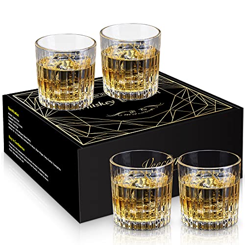 Whiskey Glasses, veecom 9 Oz Whiskey Glass Set of 4, Old Fashioned Scotch Glasses, Lead-free Rocks Glasses Bar Glasses for Bourbon, Cocktails, Cognac, Perfect Whiskey Gift for Dad, Father's Day