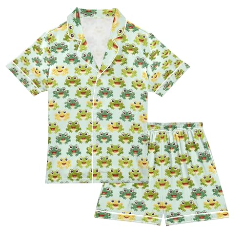 senya Green Frog Satin Summer Pajama Sets Silk Short Sleeve Button Down Sleepwear