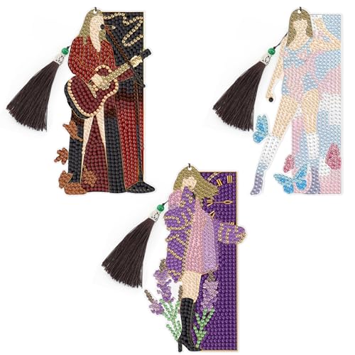 3 Pcs Diamond Painting Bookmarks, Singer Diamond Art Bookmarks with Tassel, Diamond Art Painting Kits for Beginners Adults DIY Art Craft Gifts Book Decors (a-Singer)