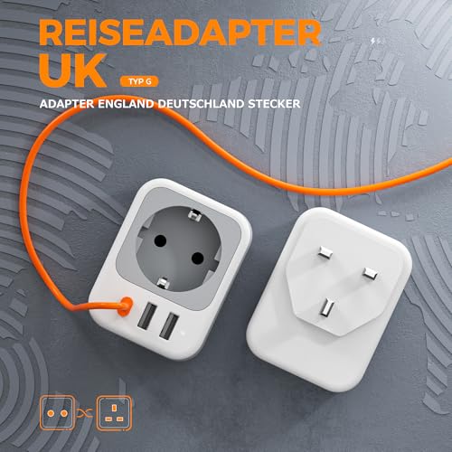 TESSAN 2er Pack UK Adapter England Deutschland Stecker, 4 in 1 Steckdosenadapter England mit USB C und 2 USB A, Reiseadapter UK 3250W, Adapter Typ G für Schottland Irland London Malta Dubai Maldives