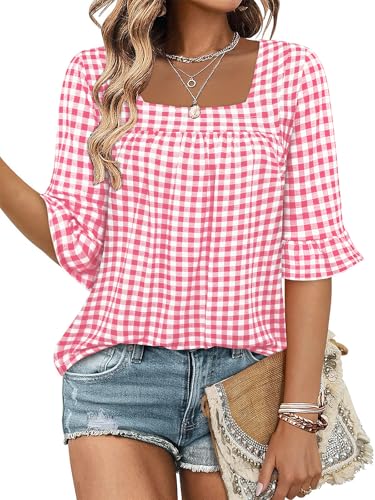 Bulotus Womens Gingham Top Square Neck 3/4 Sleeve Dressy Casual Tunic - image 1