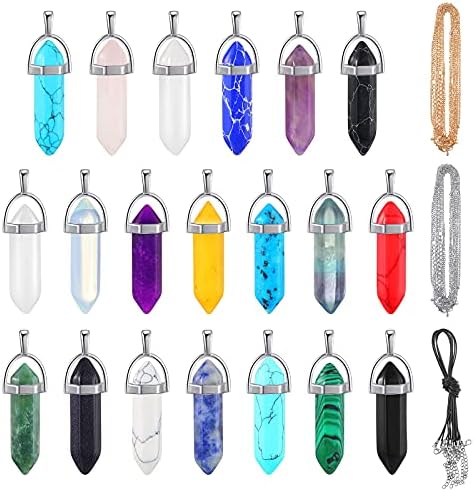 20 Pieces Crystal Necklaces, Include 20 Pieces Hexagonal Pointed Chakra Pendant Bullet Shape Quartz Crystal Natural Hexagon Stone Crystal Pendant and 20 Pieces Black Leather Silver Gold Alloy Chain