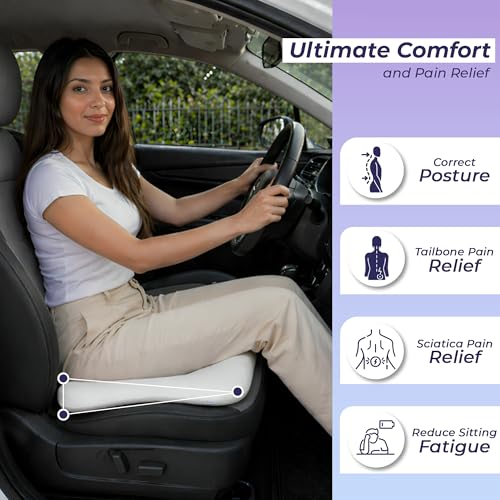 Image of Billebon Ultimate Car Wedge Seat Cushion | Premium Memory Foam Cushion with Coccyx Tailbone Cutout | Helps Relieve Hip| Tailbone & Lower Back Pain | Supports Weight Up to 100 kg - White (Pack of 1)