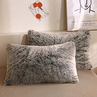 XeGe Faux Fur Throw Pillow Cases Plush Shaggy Ultra Soft Pillow Cover Fluffy Crystal Velvet Decorative Pillowcases Zipper Closure,Set of 2 (Standard, Dark Gray Ombre)