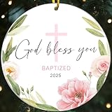 God Bless Baptized Ornament 2025, Baptism Christmas Ornament, Easter Baptism Gifts for Boys Girls Adutls, Cross Christening Gifts for Godson Goddaughter from Godparents,Christian Catholic Decor (Pink)