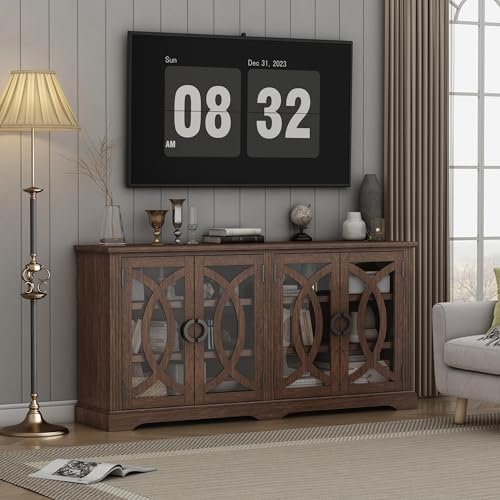 wanan-69-Sideboard-Buffet-Farmhouse-Buffet-Cabinet-with-4-Glass-Barn-Doors-Wood-Sideboard-Storage-Cabinet-for-Kitchen-Dining-Room-Living-Room-Antique-Brown wanan 69 Sideboard Buffet Farmhouse Buffet Cabinet with 4 Glass Barn Doors Wood Sideboard Storage Cabinet for Kitchen Dining Room Living Room Antique Brown