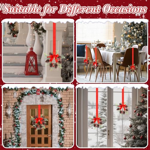 Janinka 8 Pcs Mini Christmas Wreath Small Cabinet Wreaths for Kitchen with Pine Berry Ribbon Bow Mini Christmas Farmhouse Decor for Holiday Xmas Party Porch Wall Window Door 7.87"(Pinecone Style) by Janinka - Image 6