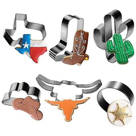 Aoerfes 6 Piece Cowboy Cowgirl Boot Texas Cutter Set, Western Cookie Cutters Cowboy Hat,Longhorn, Cactus Cutter Shaped Stainless Steel Molds for Party Making Muffins, Cake Fondant Biscuits Cover