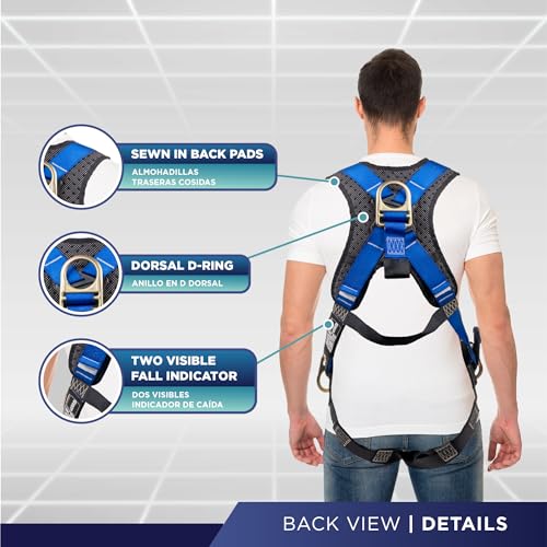 ATERET Fall Protection 5pt Safety Harness, Dorsal D-ring, Quick-Connect Buckle, Grommet Legs, Sewn in Back Pad I OSHA ANSI Compliant Personal Equipment (Blue - Universal)