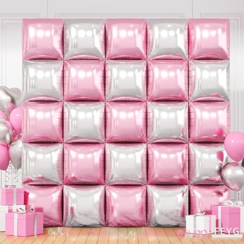 Image of Pearl Pink and Silver Double Sided Square Foil Balloons Wall,19 Inches Pink Metallic Foil Balloons Tunnel Arch Kit for Girls Bachelorette,Wedding,Anniversary,Birthday,Valentines Day Decoration