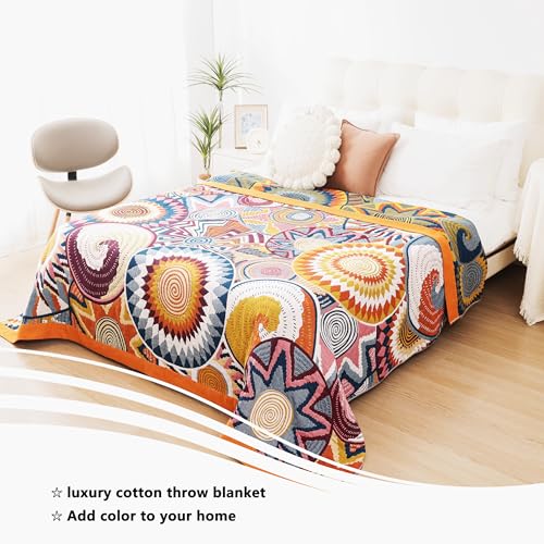 Boho Throw Blanket, 100% Organic Muslin Cotton Skin-friendly Breathable Ultra Soft Bed Quilt Throw - All Season Bohemian Decor Luxury Colorful Blanket for Sofa Couch Chair and Gift. 50" x 60"