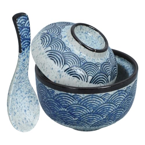 TOBBOMEY Juego de 2 Cuencos de Cerámica para Sopa Miso con Tapa y Cuchara Diseño Japonés de Ondas Aptos para Alimentos Calientes y Fríos Ideales para Servir Arroz y Guisos el Hogar o