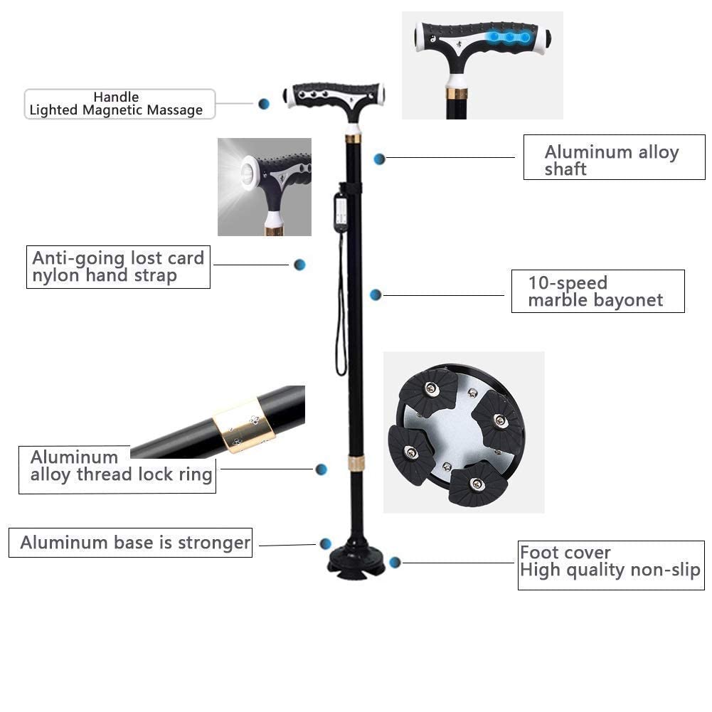 Bastón para personas mayores, bastón de altura ajustable con masaje magnético y tarjeta antipérdida, muletas ligeras con luces LED integradas, bastón antideslizante, hombre, mujer, anciano Keep it in