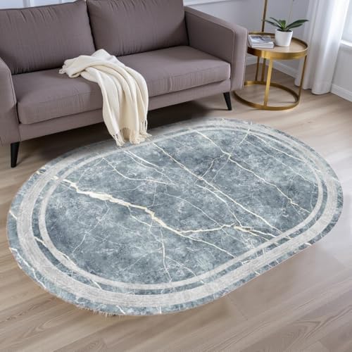 Luxury Natural Abstract Grey Marble Texture Design Oval Area Rug