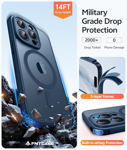 Image of FNTCASE for iPhone 15 Pro Case: [Compatible with Magsafe] Translucent Matte Cases with [Full Camera Protection] [Screen Protector] Military Grade Shockproof Protective Phone Cover - Blue