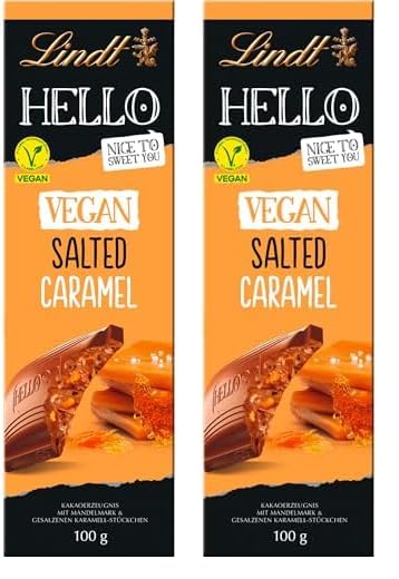 Lindt Schokolade HELLO Tafel Vegan Salted Caramel | 100 g Tafel | Vegan mit Kakao, Mandelmark, Karamellzucker und einem Hauch von Salz | Schokoladengeschenk (Packung mit 2)